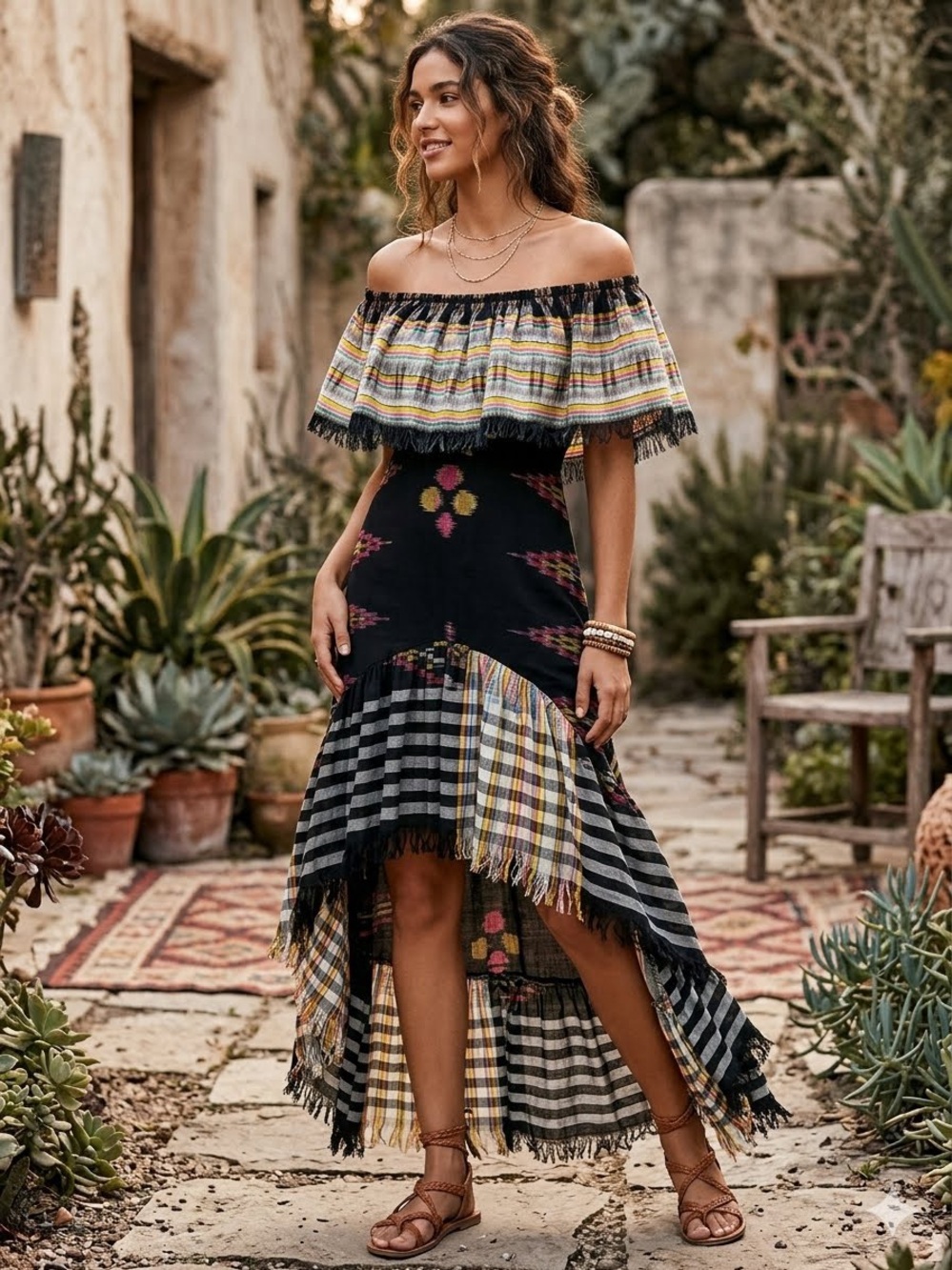 Erika Peña Tribal E Margarita Long Ikat Dress S/M Black Boho Maxi Rare